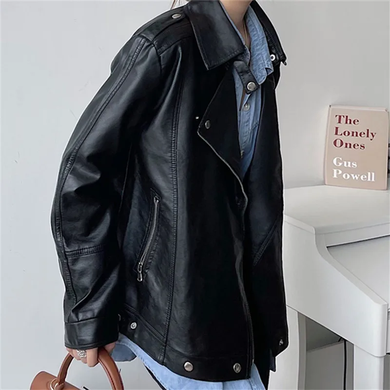 Spring Autumn 2024 Black Soft Faux Leather Jacket Loose Casual Lapel Long-sleeve Motorcycle Biker Jacket Abrigo Mujer Streetwear