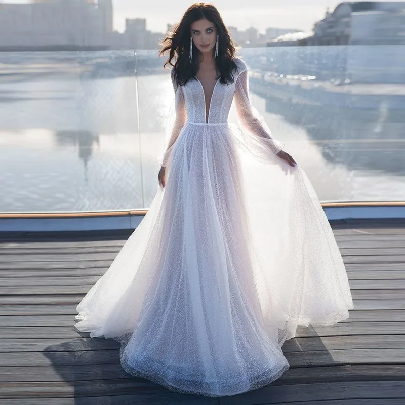 بريق الأميرة الترتر فساتين الزفاف منتفخ الأكمام الوهم لامعة بوهو مارياج زي العرائس Cutsomed Vestidos Casamento