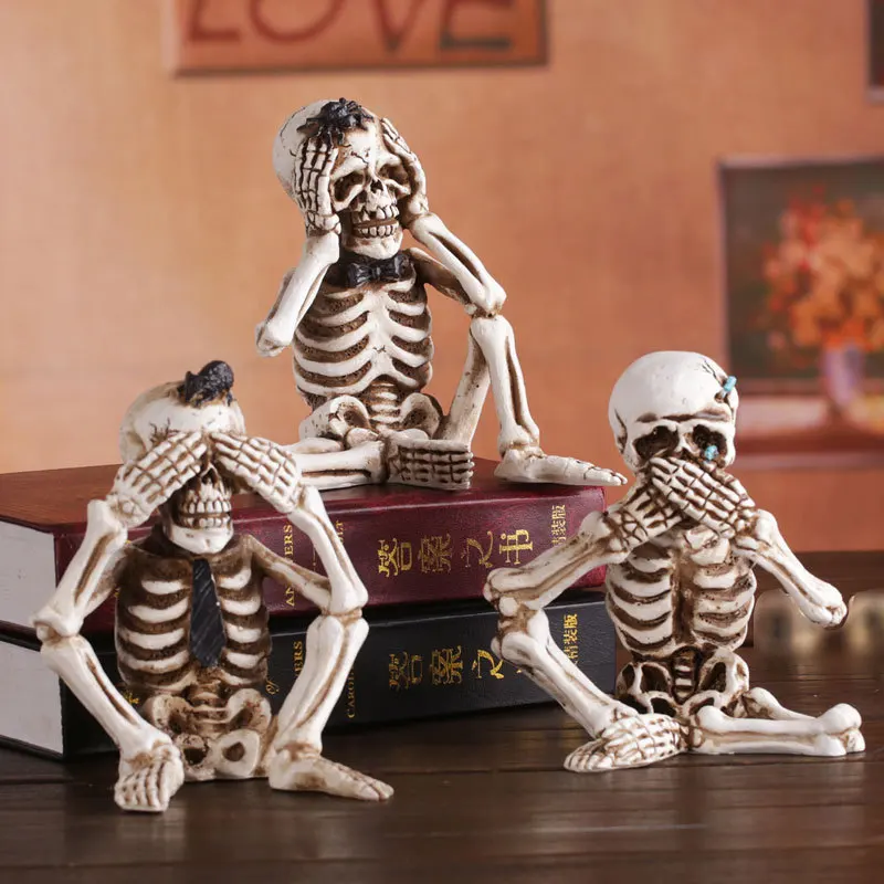 

2022 Halloween New Product Don't Listen Speak See Ghost Skeleton Three-piece Resin Props Haunted House Secret Room Decoration