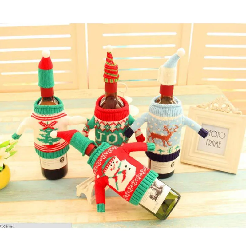 Christmas Decorate Red Wine Beer Knitting Sweater Bottle Sets Cover Family Hotel Restaurant Used 4pcs /lot