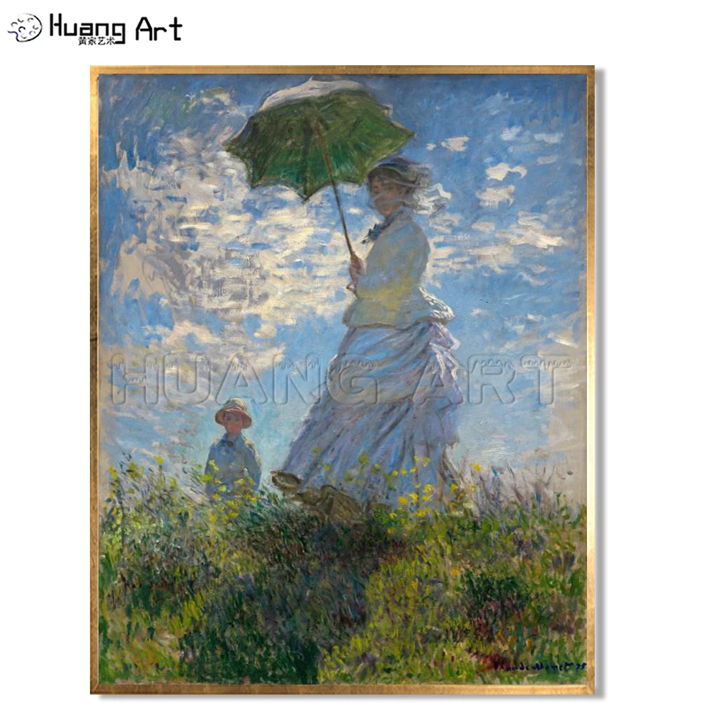 French Artist Monet Oil Painting Hand Painted Holding an Umbrella Women Landscape Oil Painting on Canvas Wall Art Picture