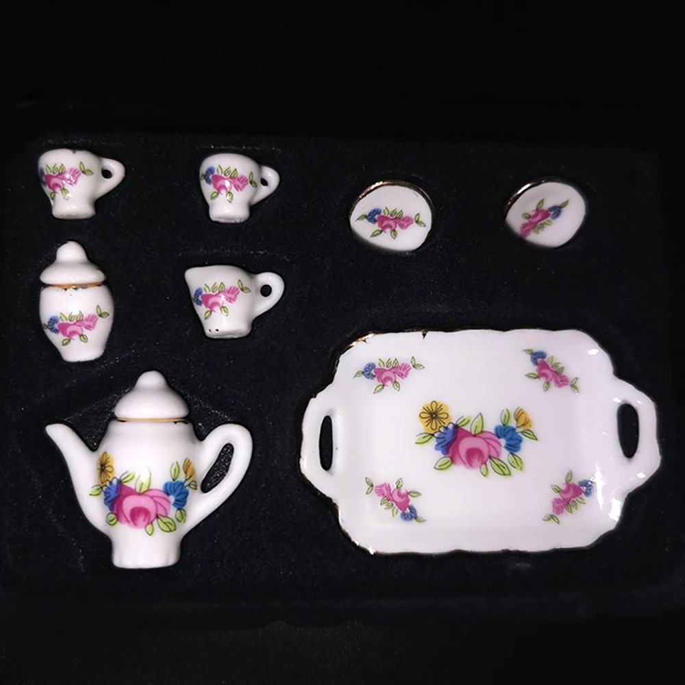 8Pcs 1/12 Dollhouse Miniature Accessories Mini Ceramic Tea Set Simulation Kettle Cup Plate Model for Doll House Decoration