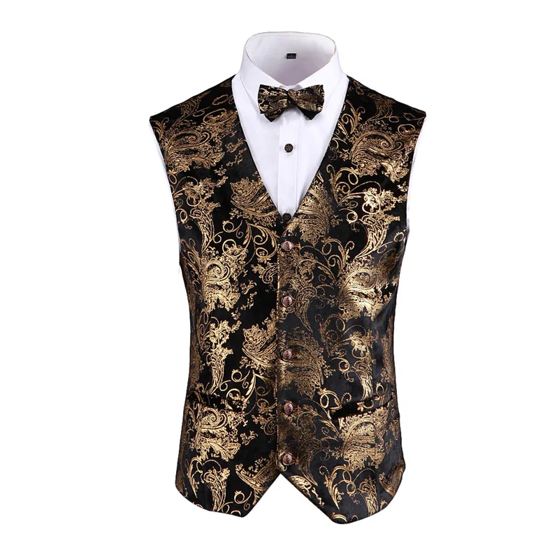 Gold Printed 3 Piece Tuxedo Suit Men Brand Slim Fit Wedding Party Dress Terno Masculino Party Prom Stage Costume Homme