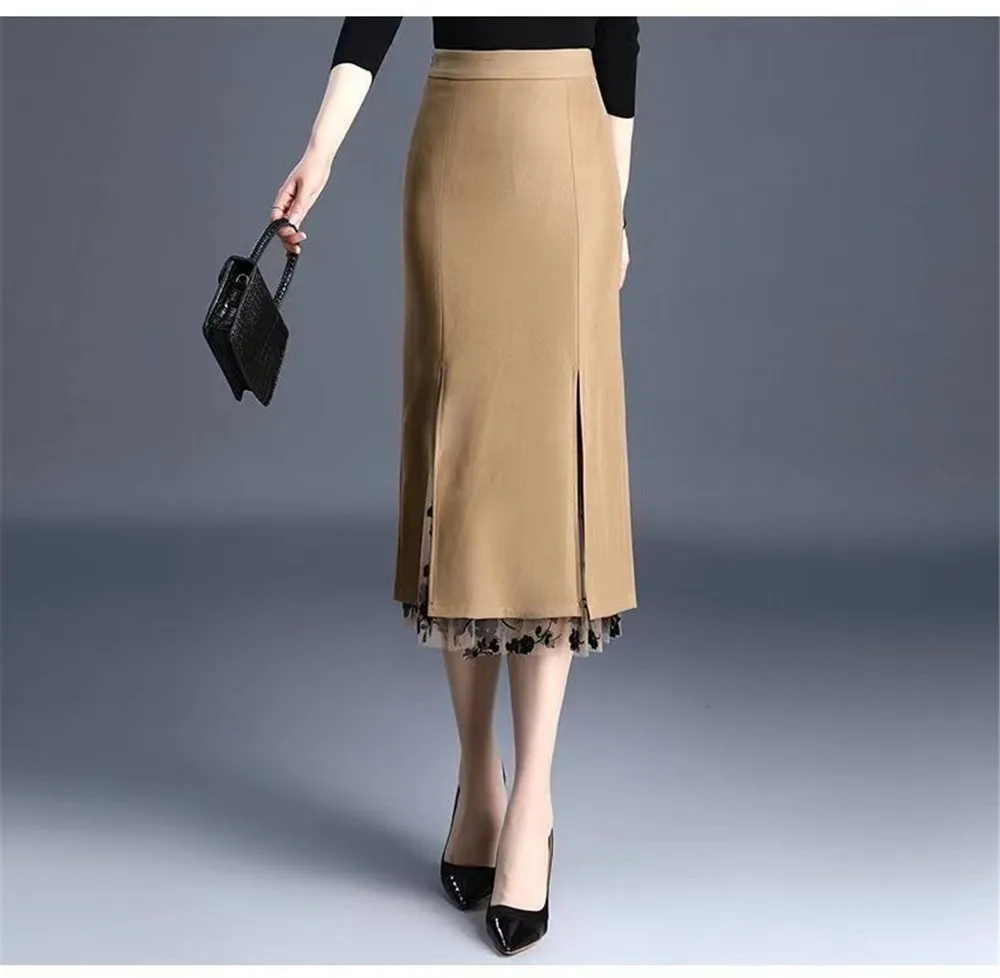 FairyShely 2024 Women Spring Summer Irregular Mesh Skirt Band Splice High Waist Skirt Knee Khaki Split Office Lady Skirt