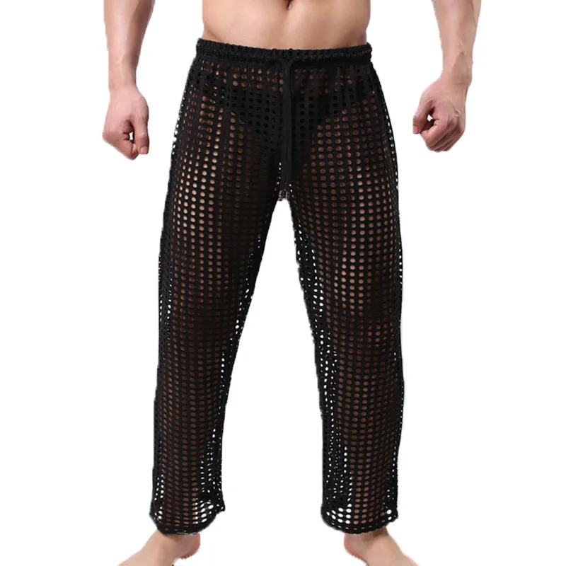 Pantalones transparentes de malla para hombre, ropa de dormir, transpirable, deportiva, pijama, para salón, XL