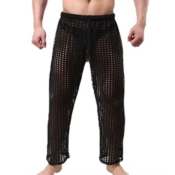 Men's Sleep Bottoms Casual Sheer Trousers Mesh Fishnet Transparent Sleepwear Breathable Sports Pants Pantalon Pajama Lounge XL