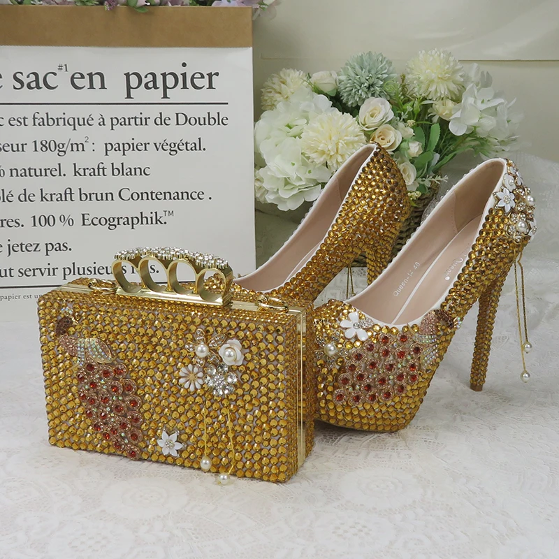 BaoYaFang Golden Party Dress Shoe with matching bag crystal Wedding shoes Bride women's High heel platform shoe High Pumps purse