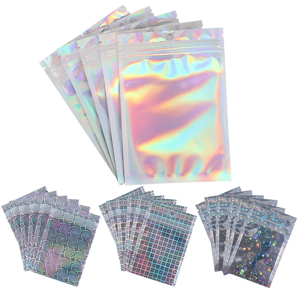 20 Pcs Zip Bags Aluminum Foil Hologram Food Mylar Pouch Small Water Proof Zipper Reclosable Pouches Plastic Self Seal Bag