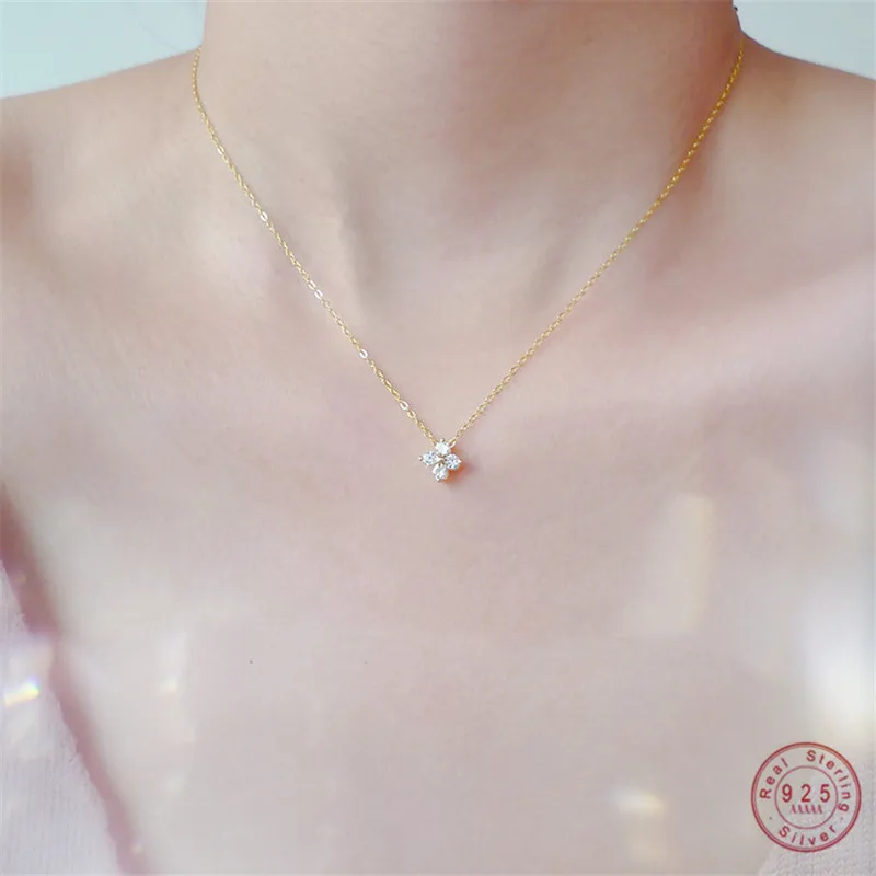 925 Sterling Silver European Simple Crystal Flower Pendant Clavicle Chain Necklace Women Classic Temperament Wedding Jewelry