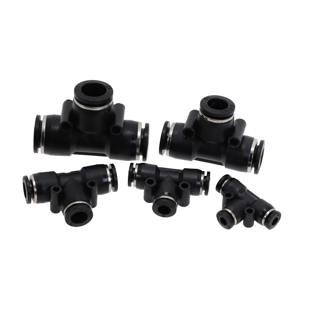 Black PE4 PE6 PE8 PE10 PE12 PE14 PE16 Pneumatic 4mm To 4mm T Type One Touch Push In Quick Fittings