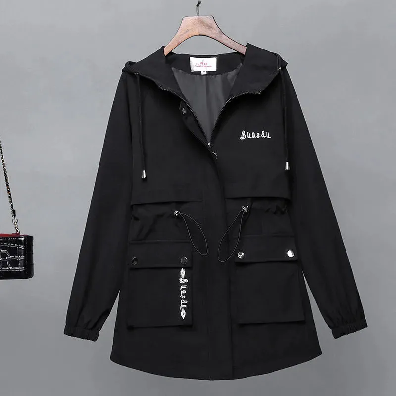 Women's Windbreaker Coat Spring AutumnThin Loose Hooded Tooling Jacket Ladies British Windbreaker Overcoat Ladies Tops Y719