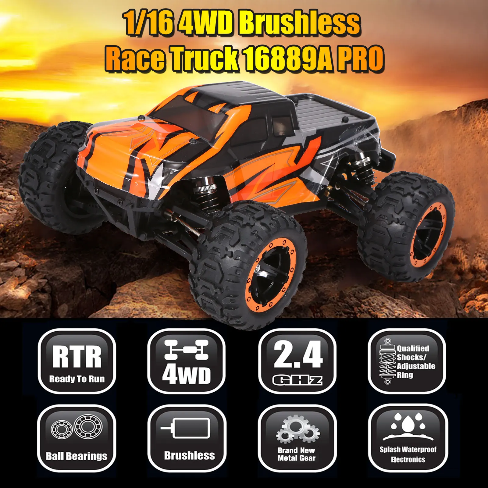 16889A-Pro 1/16 2.4G 4WD 45km/h RC Car Brushless Motor Vehicle with LED Light Electric Off-Road Truck RTR Model VS 9125 12428