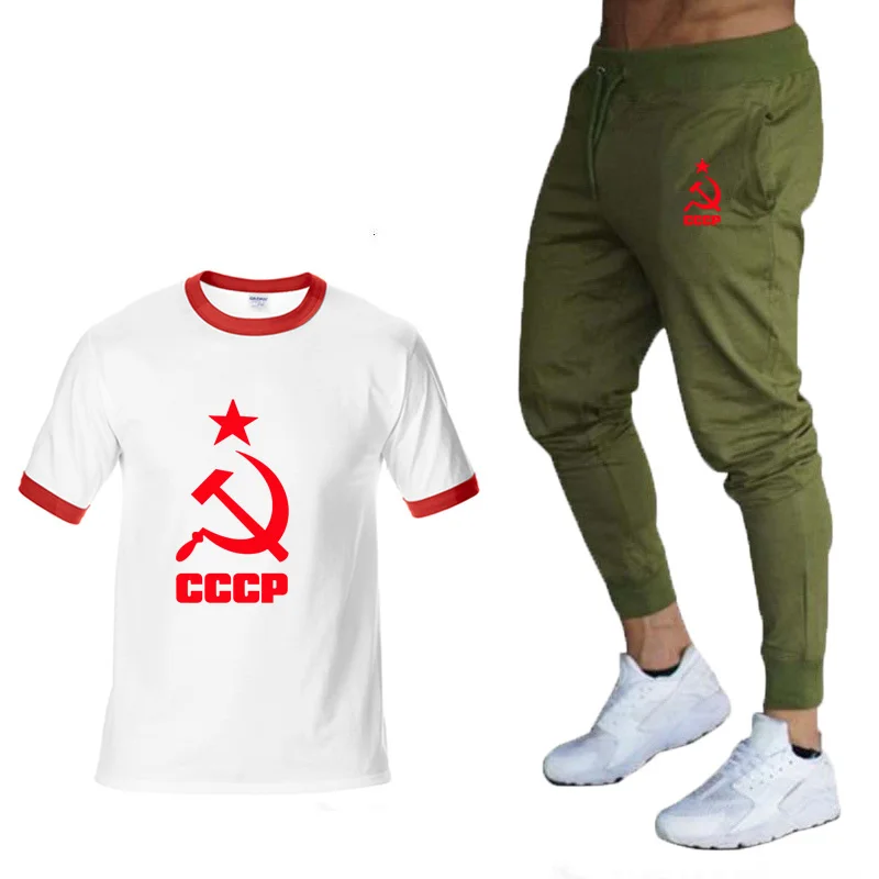 

2020 new Summer Men's short sleeve CCCP Russian USSR Soviet Union high quality Moscow leisure Russia Men's Cotton T-Shirts+pants