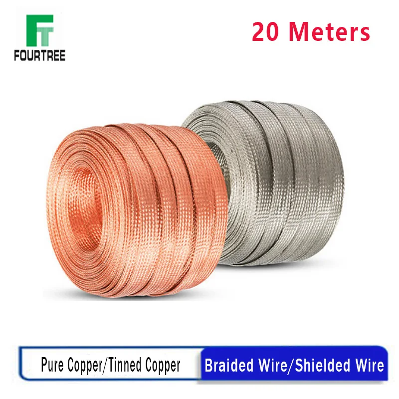 

20 Meters Copper Tinned Bare Ground Braid Lead WIre Signal Shielded Cable Conductive Tape High Flexibility 1.5-12mm 4-20mm Width