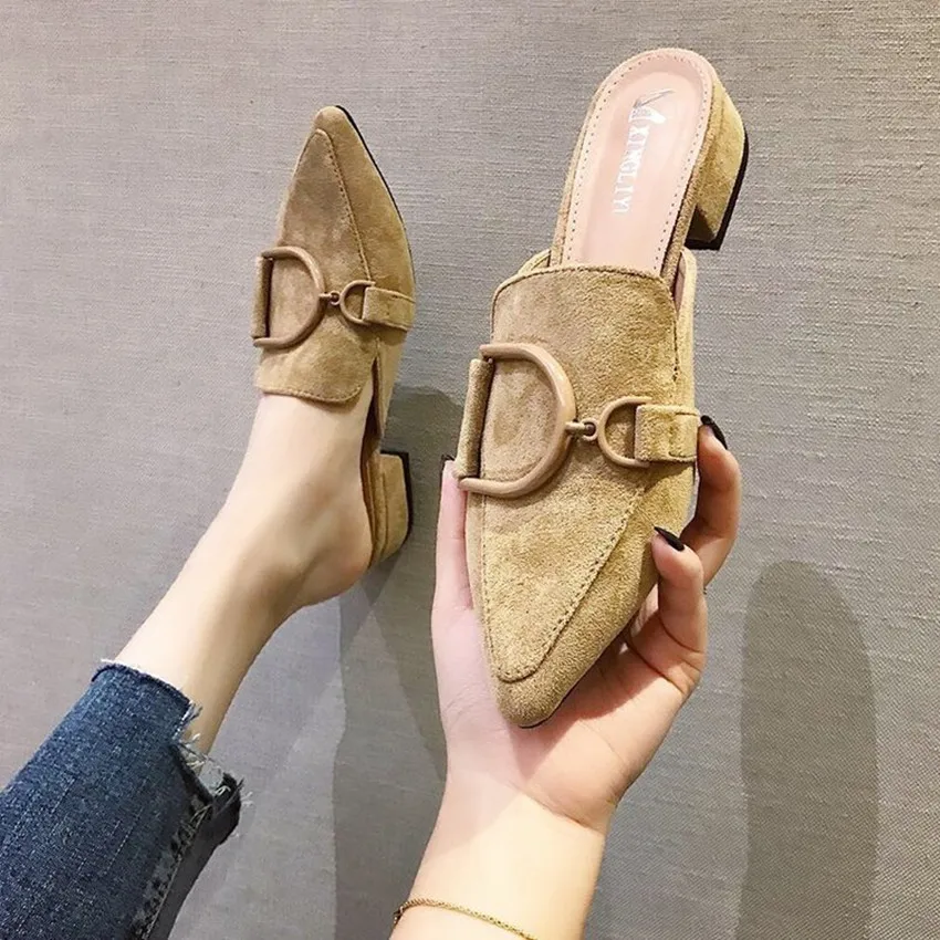 Zapatos de mujer a la moda, zapatillas puntiagudas informales con hebilla y tacón bajo, novedad de verano 2019