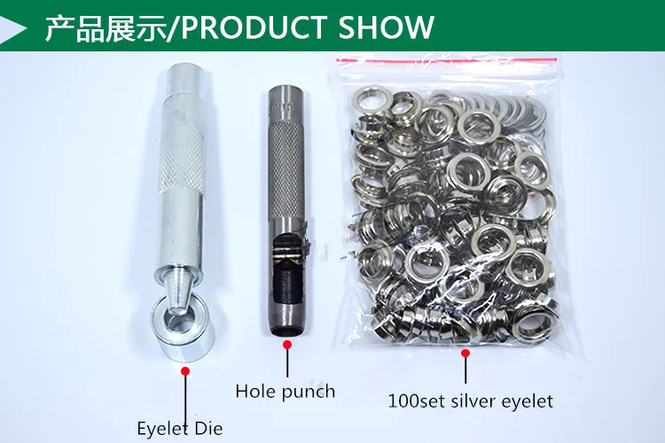 Free Shipping 100 set silver eyelet and Eyelet Punch Die Tool Set for Leather Craft Clothing Grommet Banner 3.5mm - 20mm