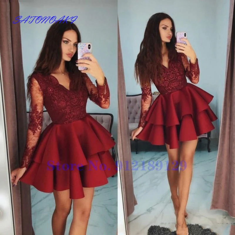 Vestidos De Fiesta Burgundy Cocktail Dress Full Sleeves Appliques Short Homecoming Dress Tiered Prom Graduation Robes Sukienka