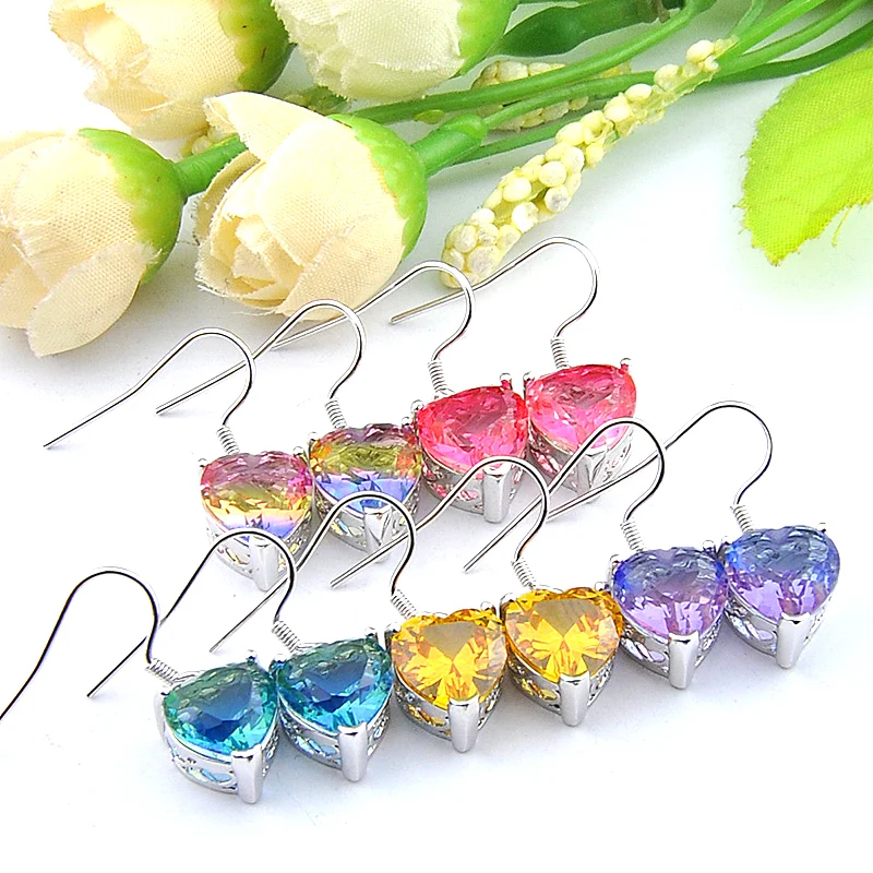 MIX 5 Pairs Xmas Gifts Big Offer Heart Bi Colored Tourmaline Gemstone Silver Teardrop Earrings