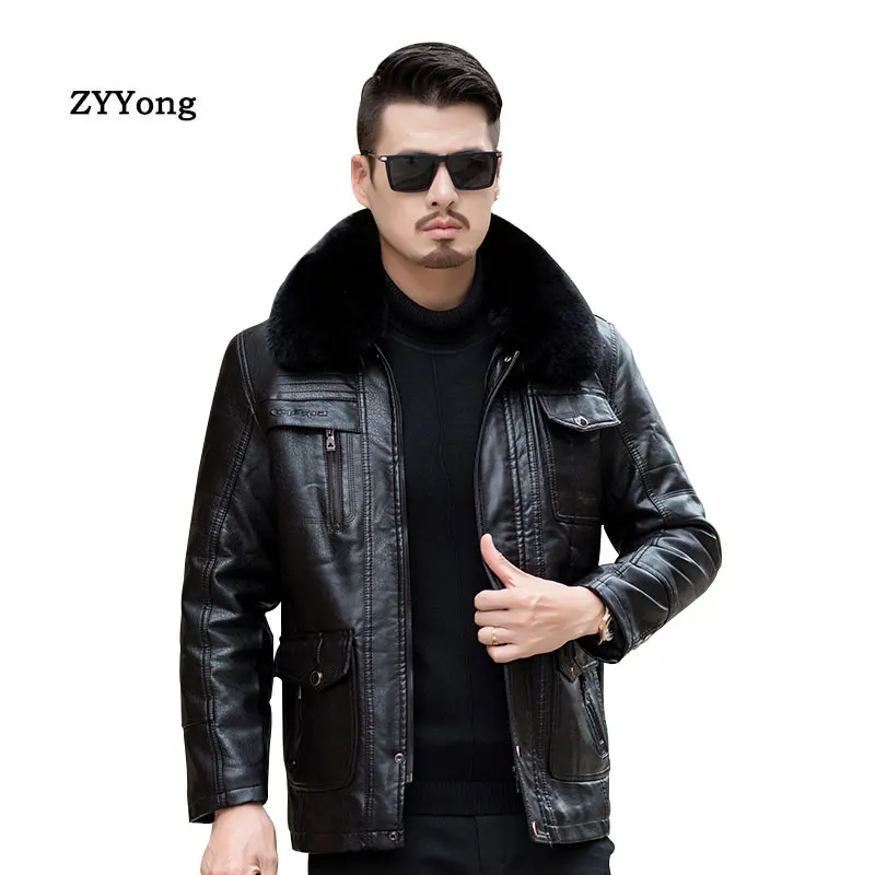 

Winter Red Brown Long Fleece Leather Jacket Men Parka Coat Overcoat Plus Velvet Warm Fur Collar PU Business Outwear Windbreaker