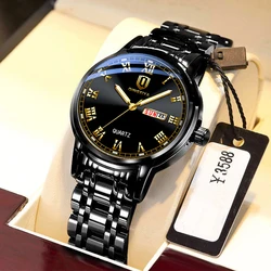 QINGXIYA Top Brand Luxury Gold Red Quartz Watch Men Stainless Steel Luminous Waterproof Watches Week Calendar Business Watch Men