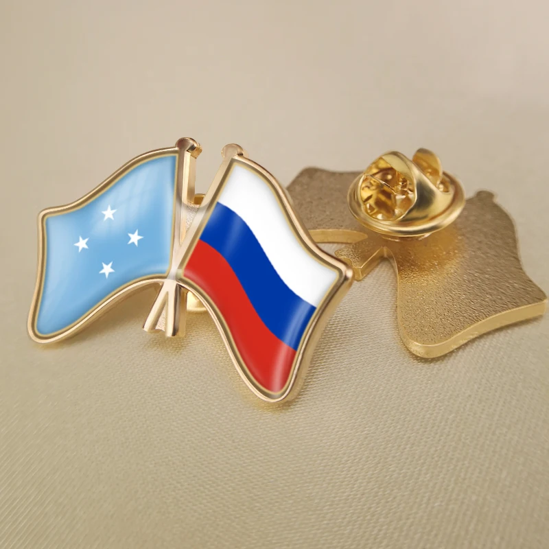 Russian Federation and Micronesia Crossed Double Friendship Flags Lapel Pins Brooch Badges