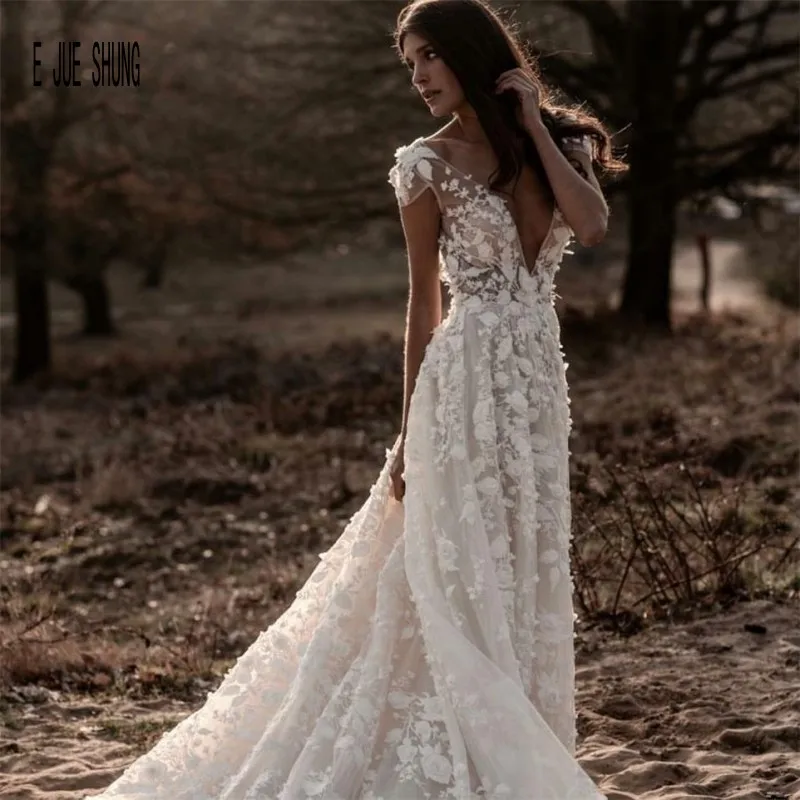 E JUE SHUNG – robe De mariée De plage, dos nu, décolleté en V profond, manches cape, Appliques florales 3D