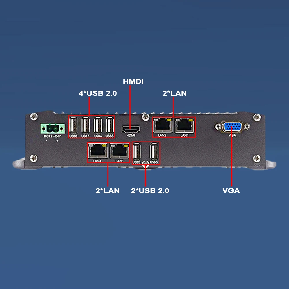 Bezwentylatorowy czterordzeniowy komputer przemysłowy J1900 4LAN 2 8USB VGA+HDMI PS2