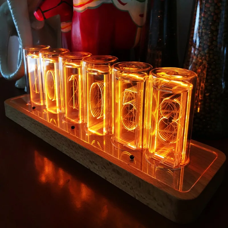 Time tube glow tube dimming pseudo glow tube clock LED digital solid wood table clock night light atmosphere