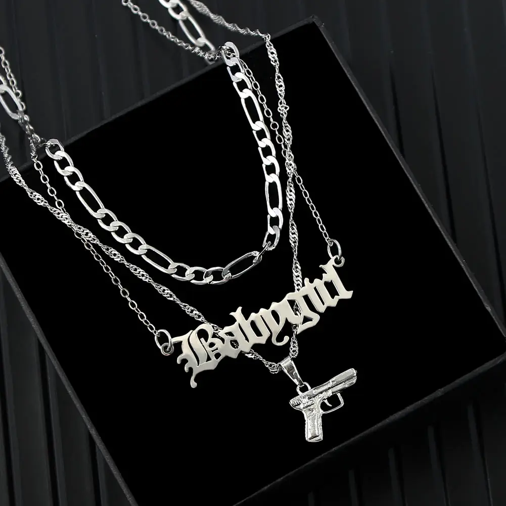 

Flatfoosie Punk Hip Hop Silver Color Pistol Pendant Necklace Women Multilayer Babygirl Letter Clavicle Chain Necklace Jewelry