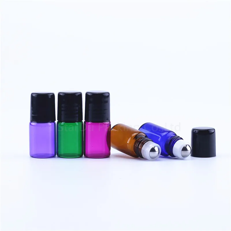 

100pcs Roll On Bottle Test Essential Oil Vials Thin Glass With Roller Metal /glass Ball 2ml Amber Blue Green Refillable Bottles