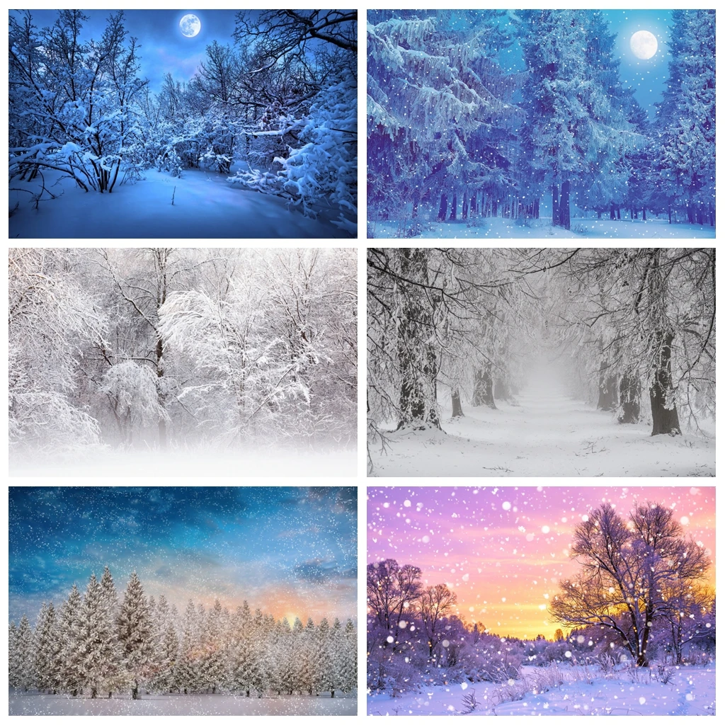 

Laeacco Winter Photophone Night Sky Moon Snow Forest Trees Family Portrait Photography Backdrops Backgrounds For Photo Studio