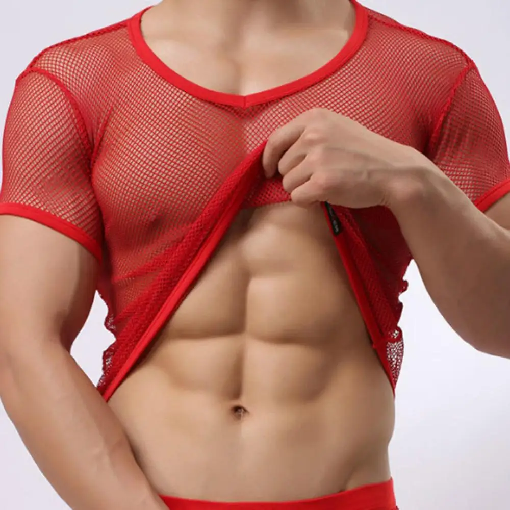 Sexy Men Mesh See Through T-Shirt Fishnet Hollow Clubwear Streetwear Perform Male Short Sleeve Top Undershirt Tops Tee