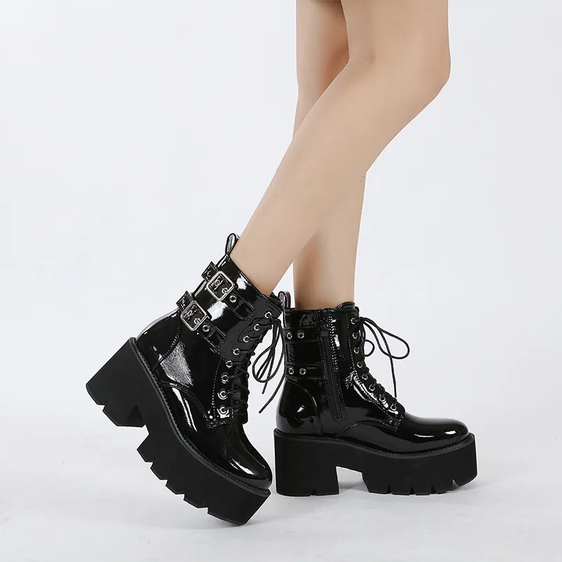 Black Gothic Women Shoes Autumn Ladies Ankle Boots High Heels Sexy Chain Punk Style Patent Leather Boots For Party Zipper588