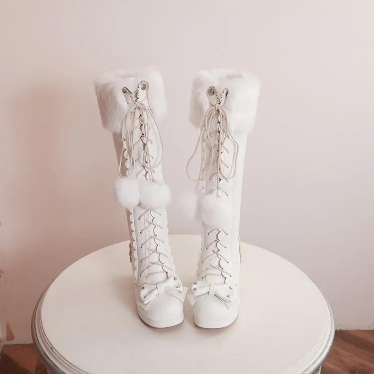 Japanese autumn winter Lolita loli boots  plus cashmere keep warm sweet bow girls high-heeled girls kawaii snow boots loli
