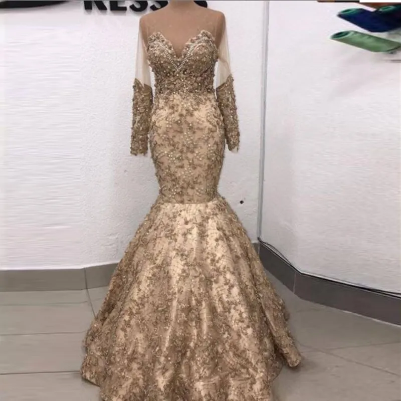 Saudi-arabien Robe De Soiree Sheer Neck Illusion Langen Ärmeln Prom Kleider Spitze Appliques Perlen Meerjungfrau Abendkleider, Party