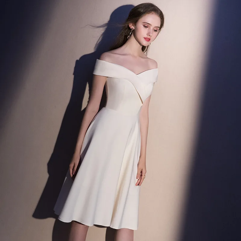 

White Short Wedding Dresses For Bride 2020 Satin Off The Shoulder a line Wedding Bridal Gown robe de mariee