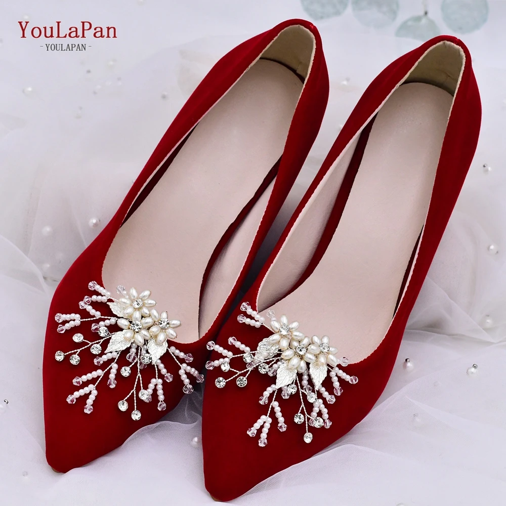 YouLaPan Trenndy Pearl Beaded Bridal Wedding Shoes Clips Rhinestone Alloy Leaf Shoes Accessories for High Heels Shoes Buckle X08