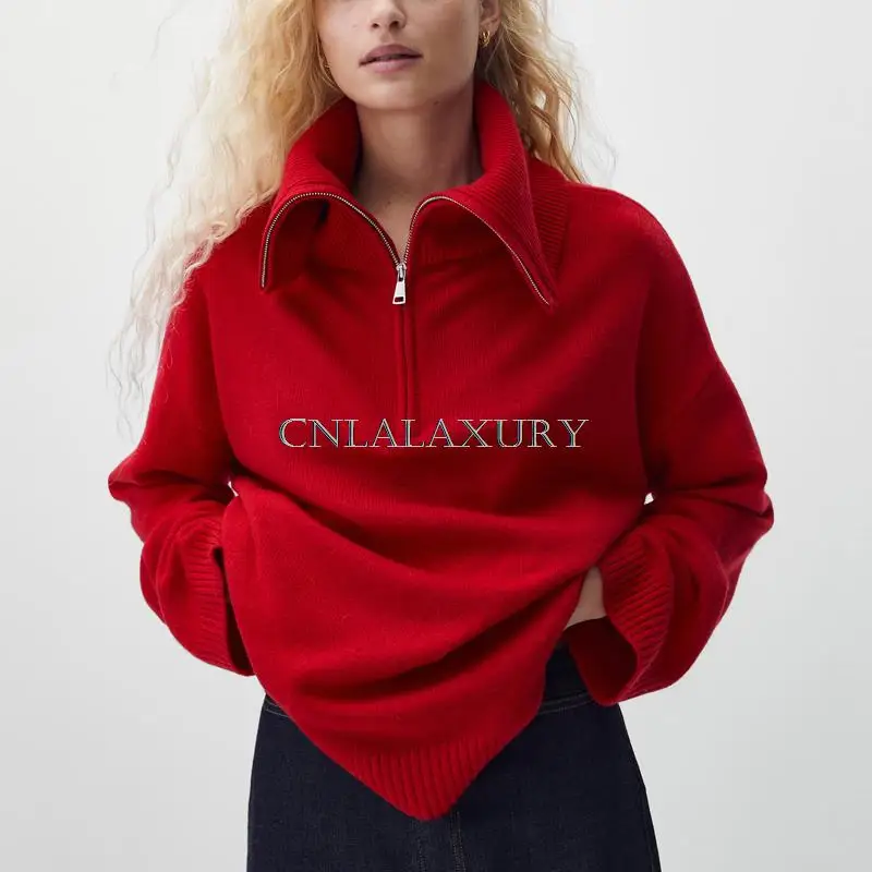 CNlalaxury 2022 Women Sweater Zipper Knitted Pullover Long Sleeve Red Color Loose Ladies Jumper Autumn Winter Female Turtleneck