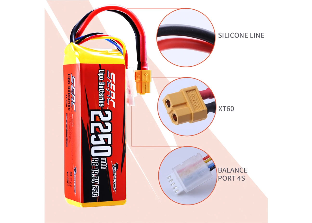 Sunpadow 4S Lipo-Akku 2250 mAh 14,8 V 25 C mit XT60-Stecker für RC-Car-Boot-Modell Racing Hobby 2 Stück – Detail 5