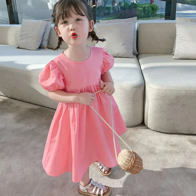 Summer Girls\' Dress Puff Sleeve Vestidos Round Neck Sweet Princess Dress Korean Outfits Baby Kids Children\'S Clothing For Girl