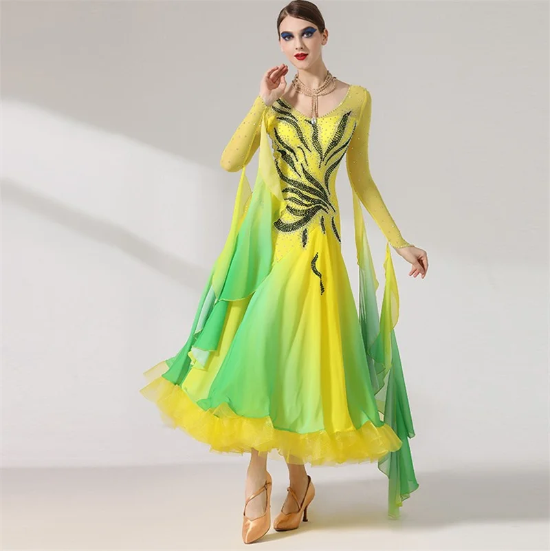 Exquisite High Quality Women Ladies Competition Performance Wear International Standard Yellow Ballroom Dance Dress