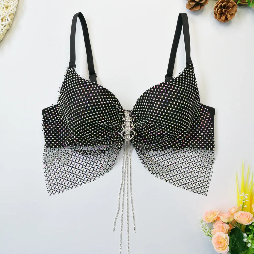 Sexy lingerie fishnet diamond bra Underwear corset love rhinestone pendant tassels camisole crop top women nightclub party tanks