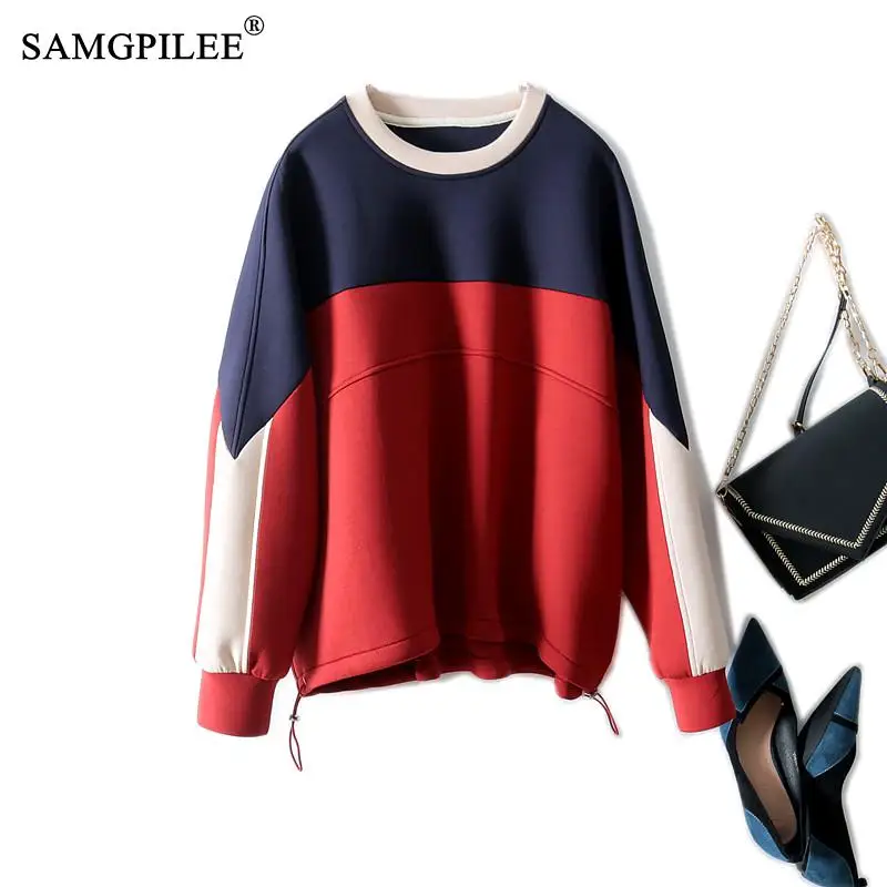 

SAMGPILEE Sweatshirt Women 2023 New Casual Cotton Full Sleeve Patchwork Pullovers Drop Sleeves O-neck Y2k For Womens Sweatshirts