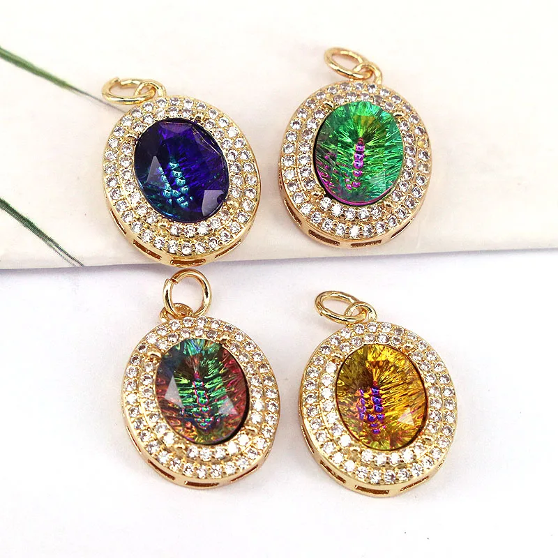 

10Pcs,Micro Pave CZ Vintage Necklace, Gold Filled Crystal Oval Pendant, Crystal Charm, DIY Jewelry Accessories,