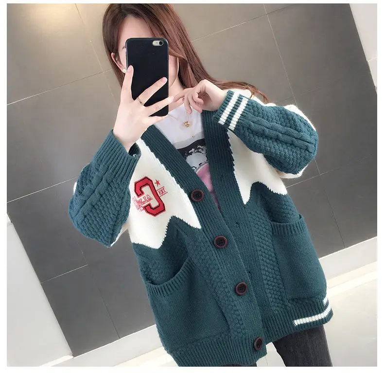 2023 New Women's Autumn And Winter Korean Loose Knitted Cardigan Versatile Casual Fashion Long-sleeved Color-block Sweater Top