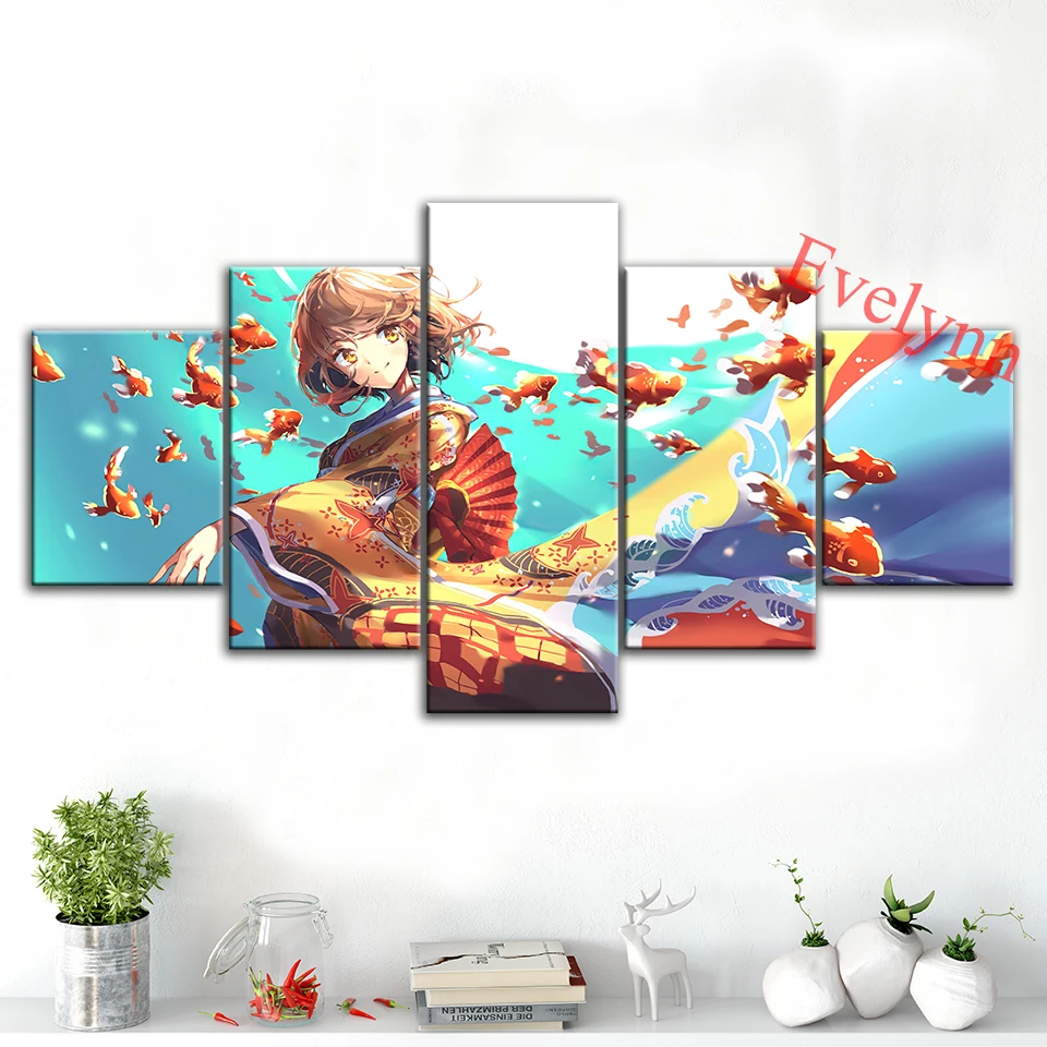 

5 Piece Anime Poster Girl With Flying-Goldfish Canvas Wall Art Print Modular Pictures For Living Room Home Decor Painting Frame