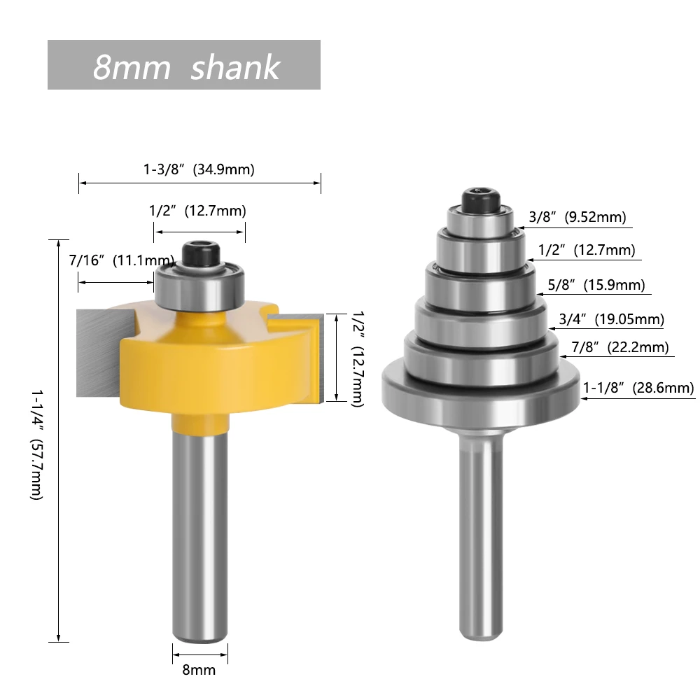 LAVIE-broca de enrutador Rabbet de 8mm con 6 rodamientos ajustables, cortador de fresado de espiga, brocas de carburo cementado para carpintería,