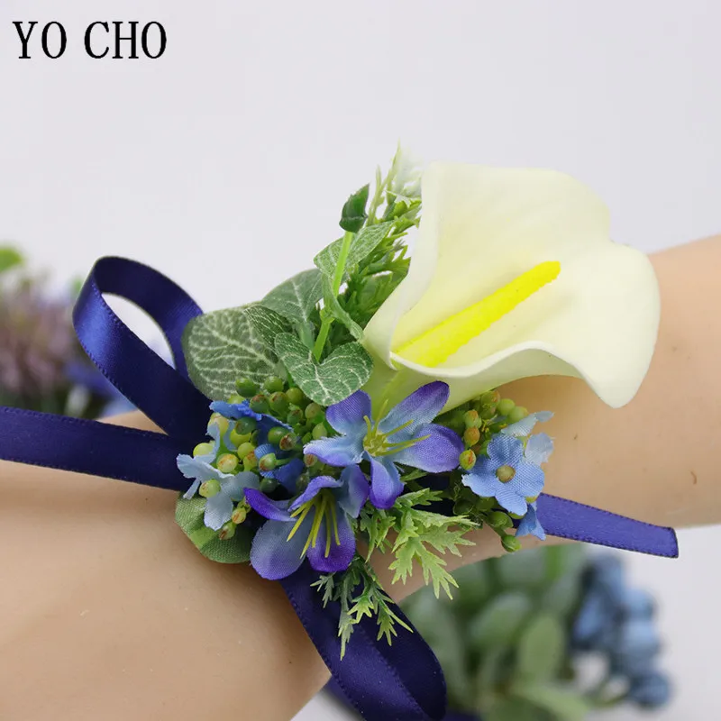 Yo cho padrinhos boutonniere branco azul seda rosa da dama de honra pulso corsage calla lírio pulseira festa de formatura casamento corsage flor