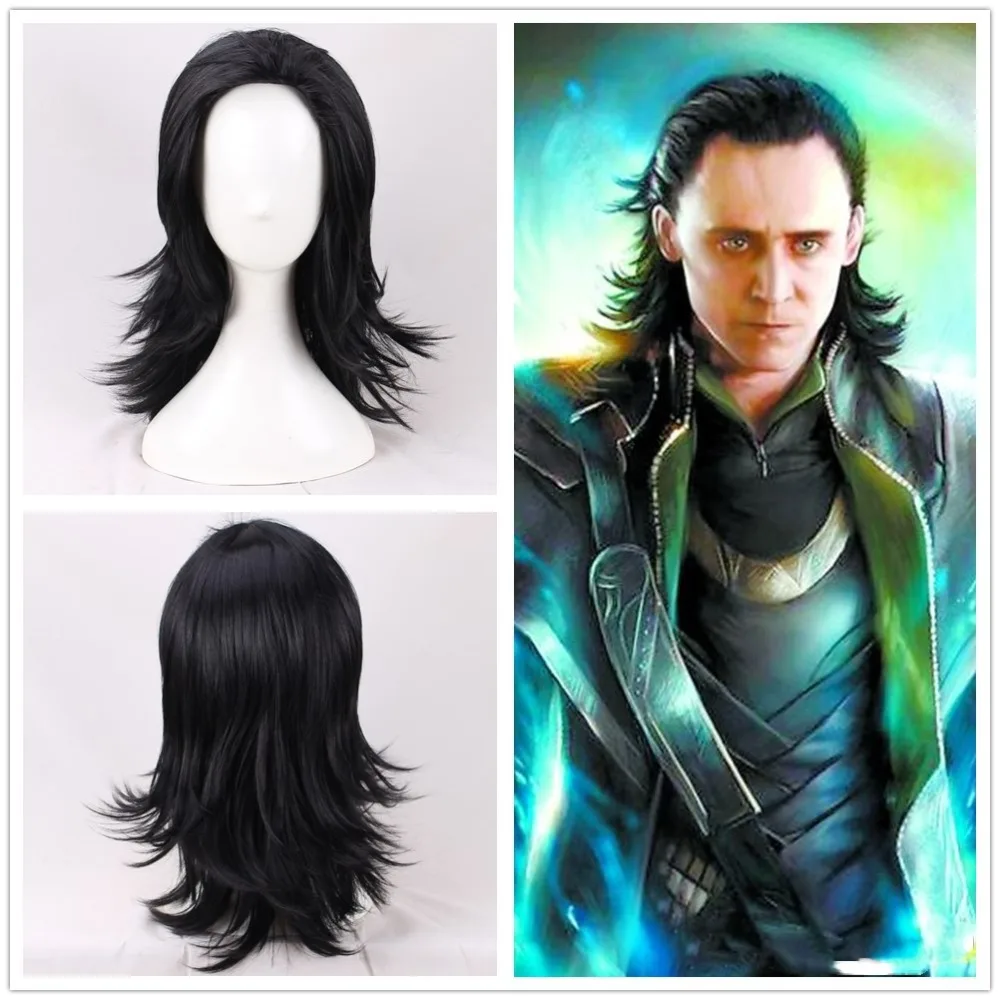 Parrucca cosplay Loki Loki capelli sintetici neri Comic Loptr gioco di ruolo parrucche per feste in costume + cappellino per parrucca