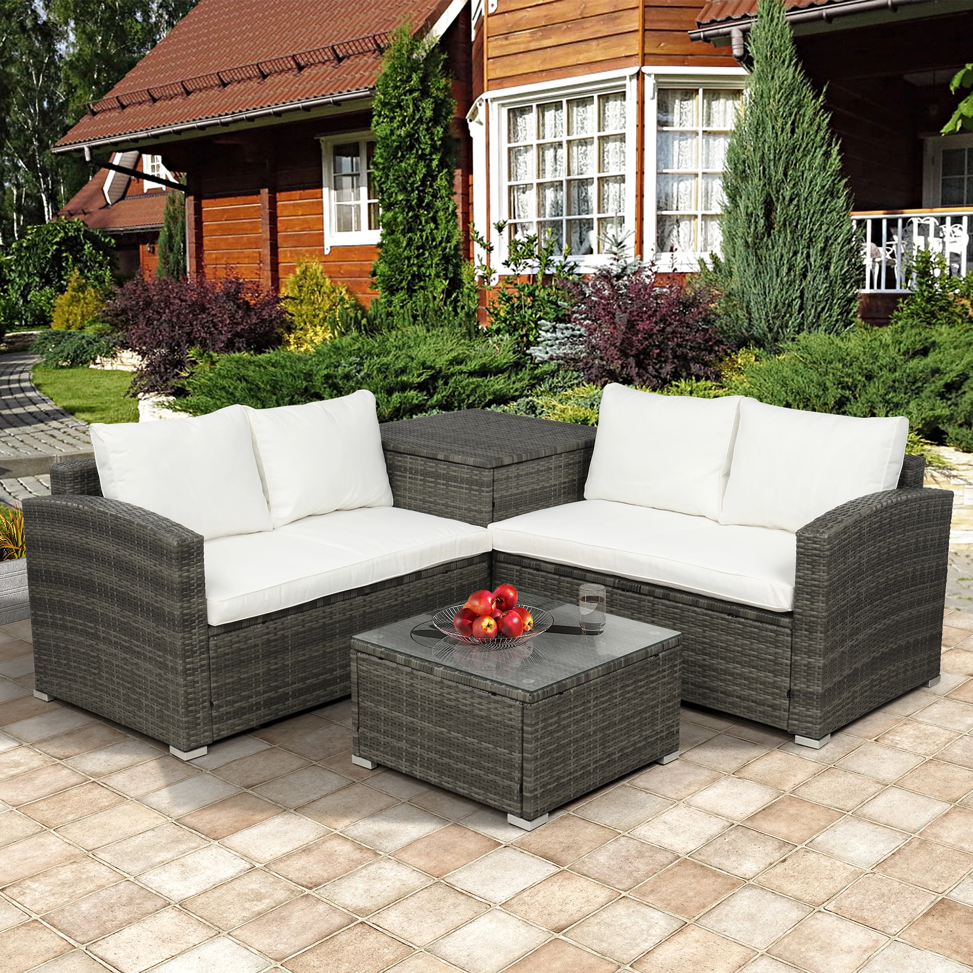 4-PCS Outdoor Patio Garden Furniture Set Cushioned PE Rattan Wicker Sectional 1 Table+2 Loveseat Sofa+1 Storage Box[US-Depot]